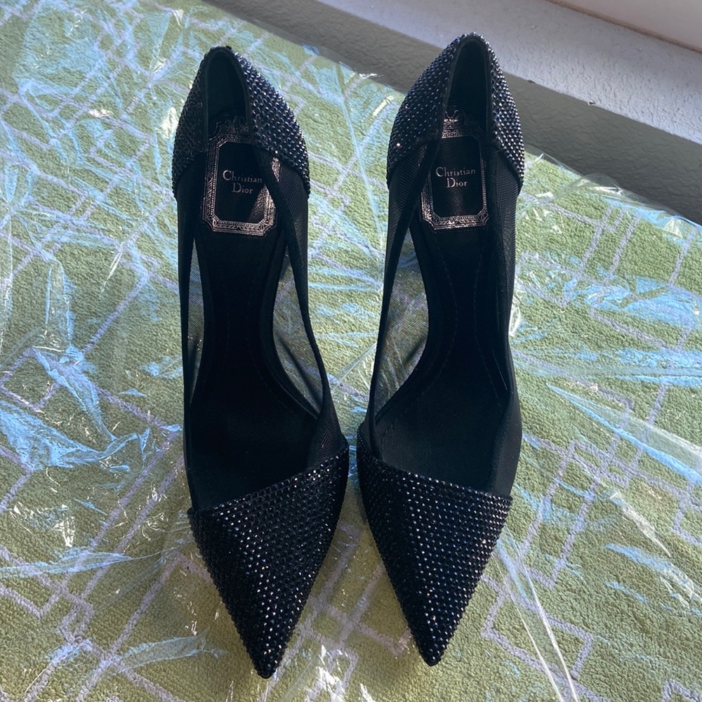 Christian Dior Black Diamante Beaded and Mesh Pump